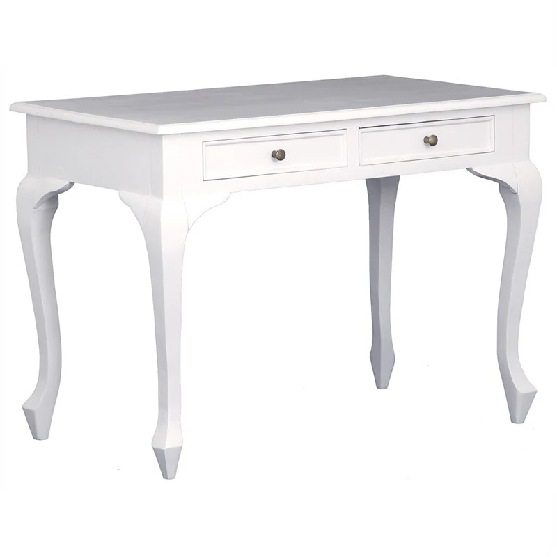 Queen Anna Solid Teak Wood Timber 2 Drawer French Writing Desk - White Executive Table TEK168 DK 002 QA WH ( White Color )
